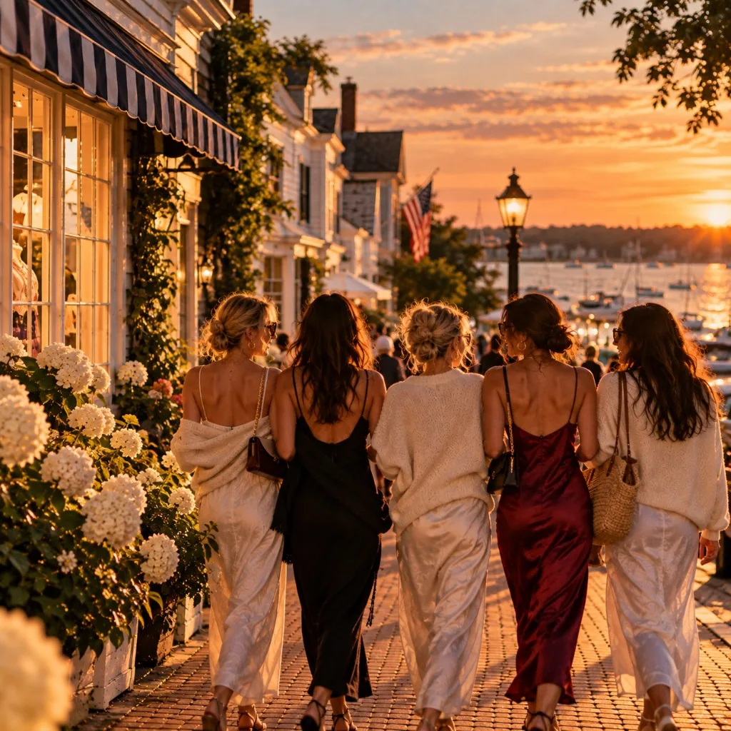 Five friends in silk dresses walking a hydrangea-lined street toward an Edgartown harbor sunset