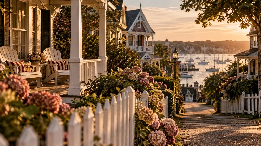 Oak Bluffs–style gingerbread cottage lane with hydrangeas leading to a harbor sunset