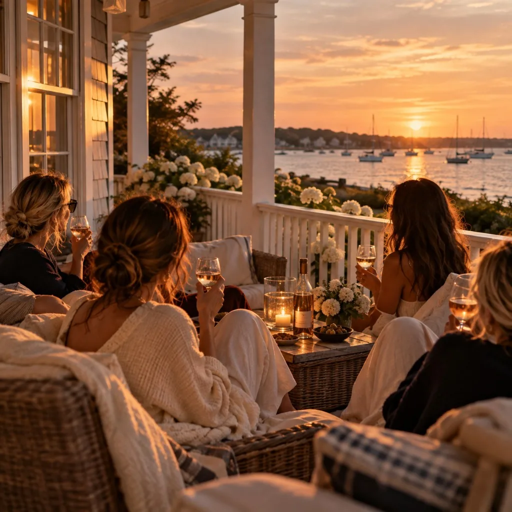 Friends with wine in wicker chairs on a white porch overlooking a harbor sunset