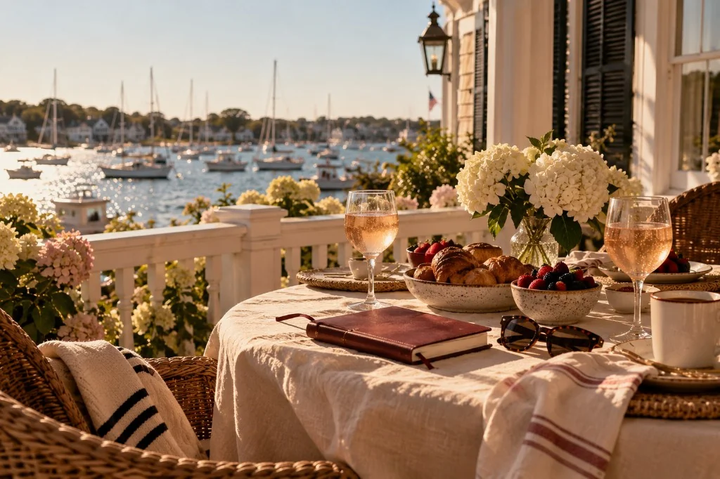 Golden-hour porch breakfast over a harbor of sailboats, linen table, hydrangeas, burgundy notebook