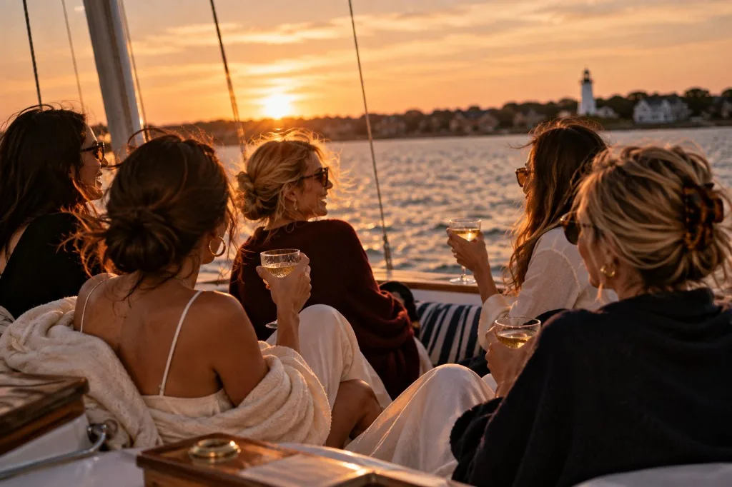 Friends toasting white wine on a sailboat at sunset with a lighthouse on the shore