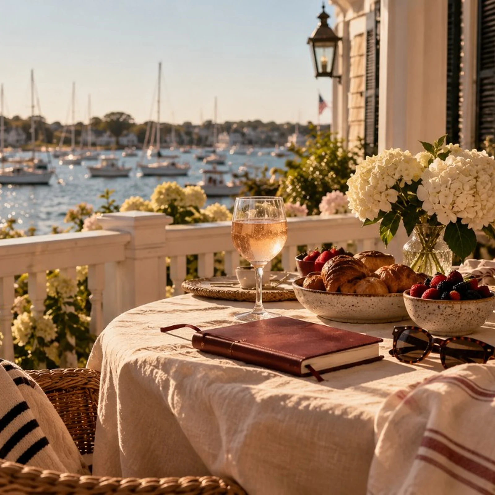 Golden-hour porch breakfast overlooking the harbor