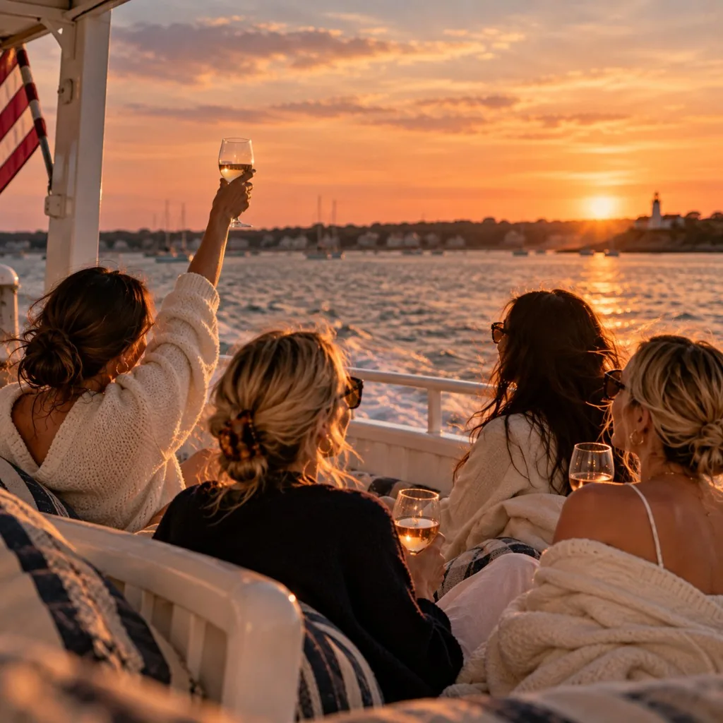 Friends toasting wine on a boat deck at sunset with striped cushions and a distant lighthouse